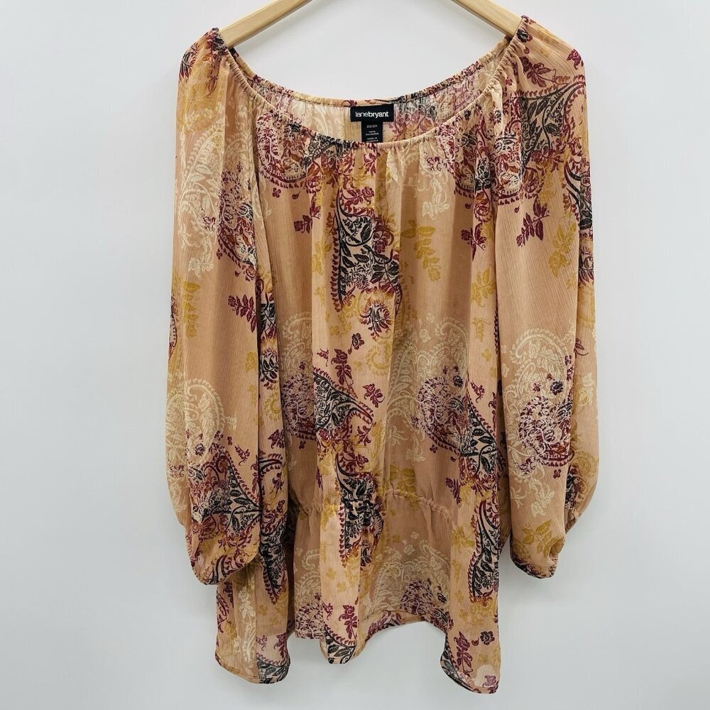 Lane Bryant Womens Plus Size 22/24 Floral 3/4 Puff Sleeve Peplum Blouse Tan 2078